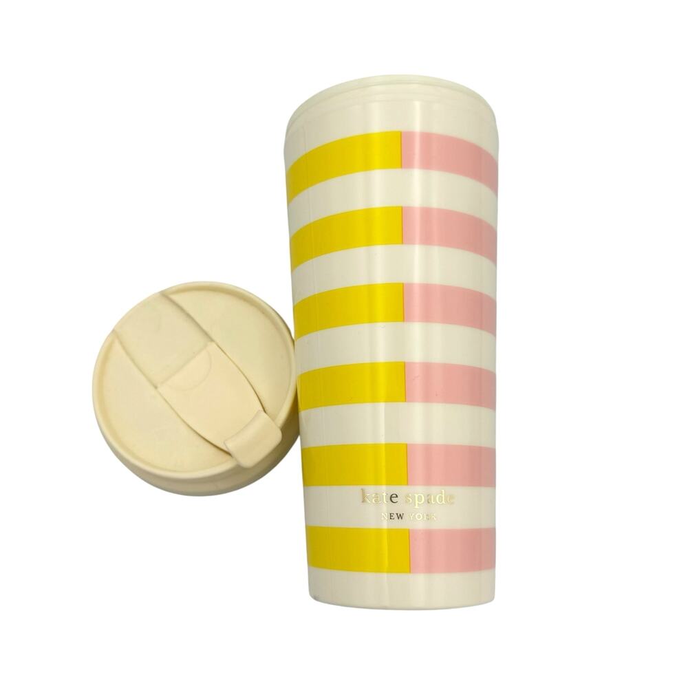 Kate Spade New York 16 oz Pink White Stripe Gold Logo Thermal Mug Drink Tumbler